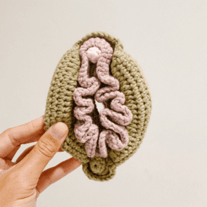 Hand holding new crochet vulva model